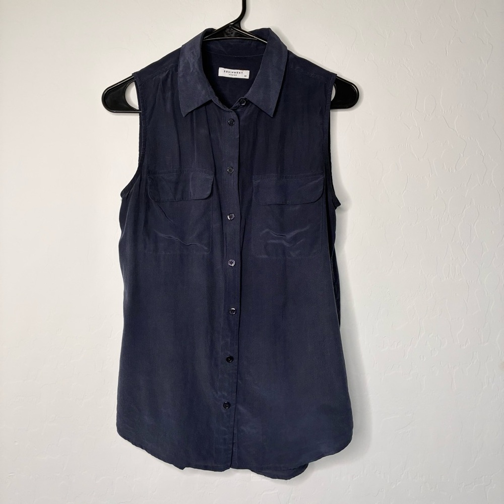 Equipment Silk Sleeveless Button Up Blouse Navy Blue XS